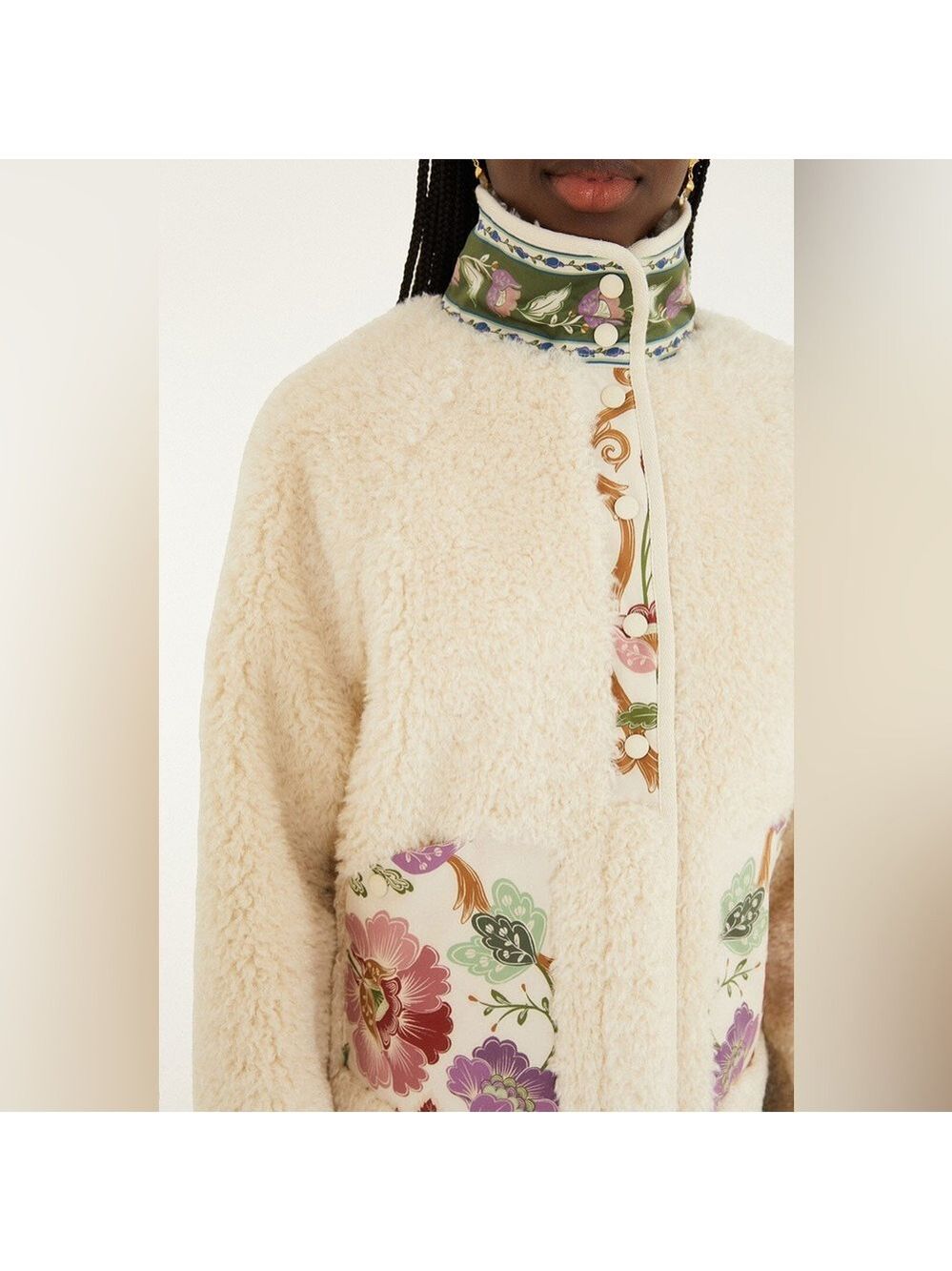 Farm Rio Cream Rococo Flowers Bomber Fleece Jacket - Picture 7 of 9